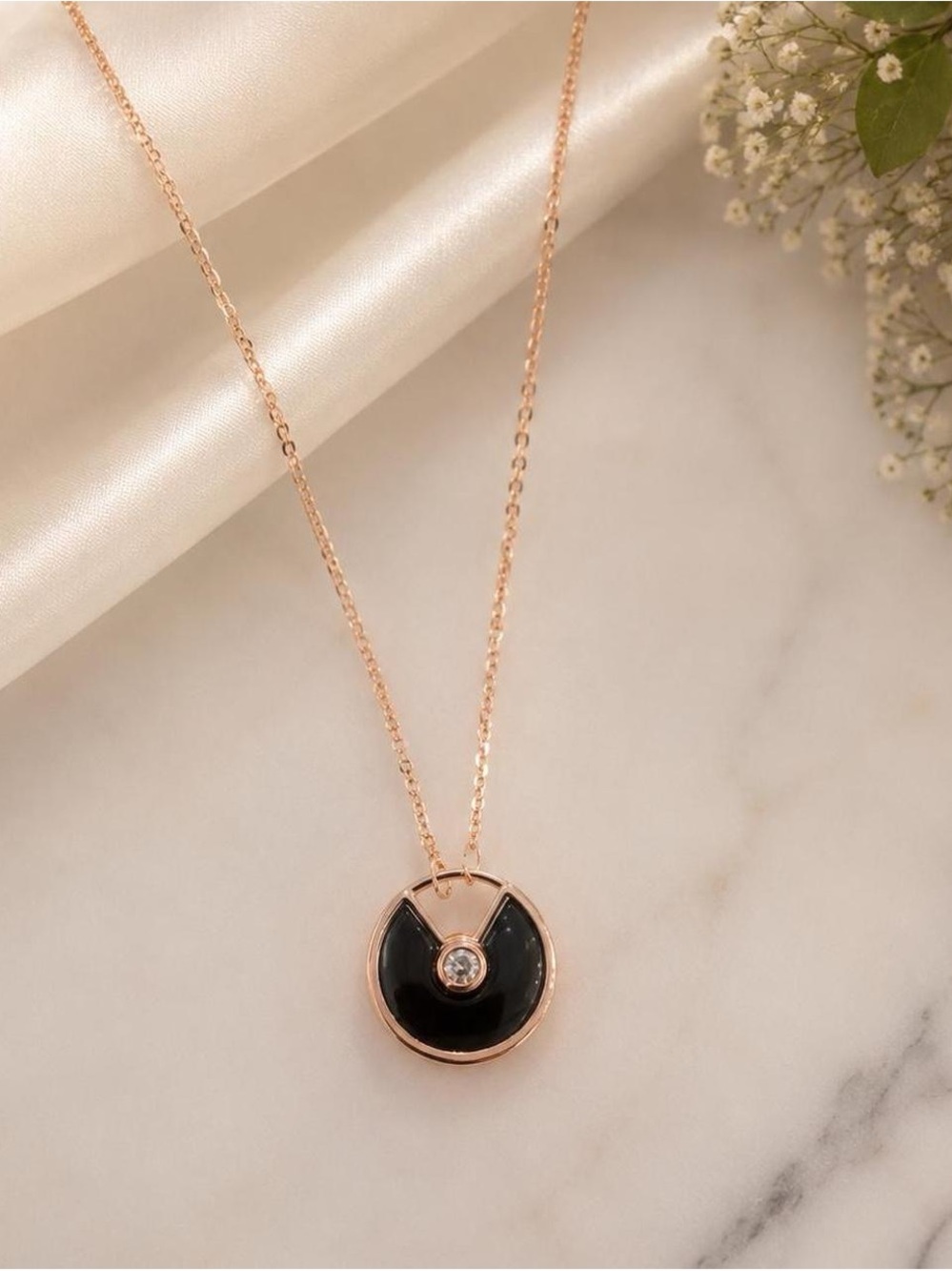 Elegant Rose Gold Black Enamel Pendant Necklace with Crystal